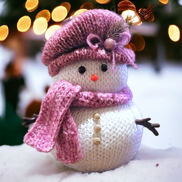 Handcrafted 9" Pink Female Snowman Christmas Decor Holiday Gift Decoration - Picture 7 of 8